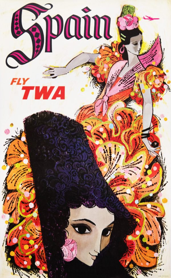 American Travel Poster ‘Spain Fly TWA (Flamenco Dancer) by David Klein, 1960’s
