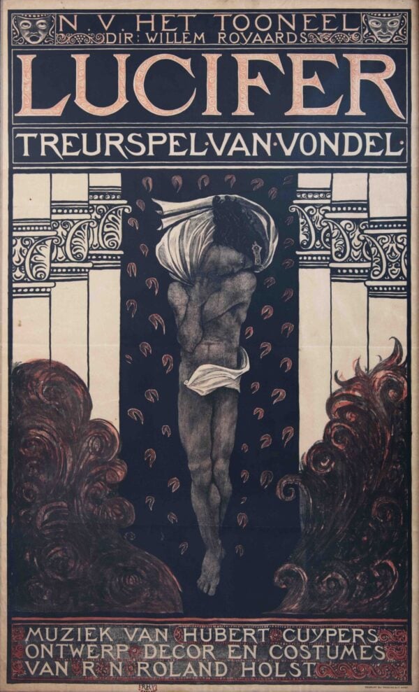 Vintage Dutch Advertising Poster ‘Lucifer/Treurspel Van Vondel (Peper)’ by Roland-Horst, Richard N., 1910 (Framed as is)