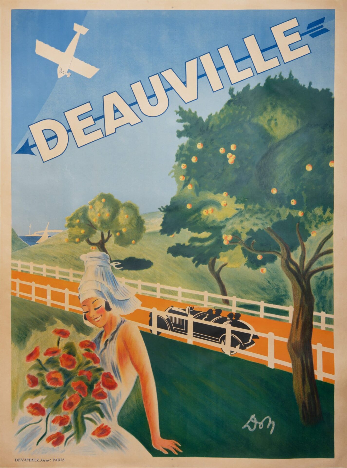 French Art Deco Cabriolet Advertising Poster for 'Deauville' by Jean Don, 1920s