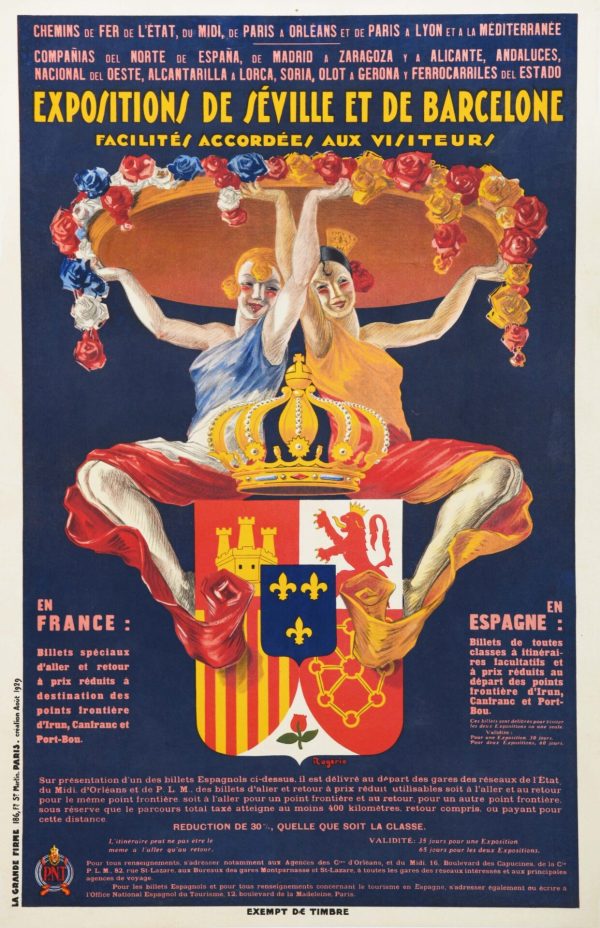 French Vintage Advertising Poster ‘Expositions de Seville et de Barcelona’ by Rogerio, 1929