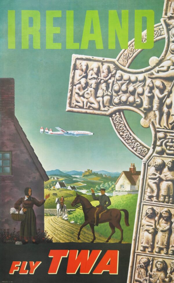American Vintage Travel Poster “Ireland Fly TWA | Celtic Cross” by S. Greco, 1955
