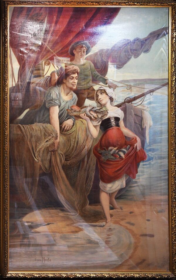 French Art Nouveau Lithograph on Burlap “Home Decor | Peche” by Mucha, 1894
