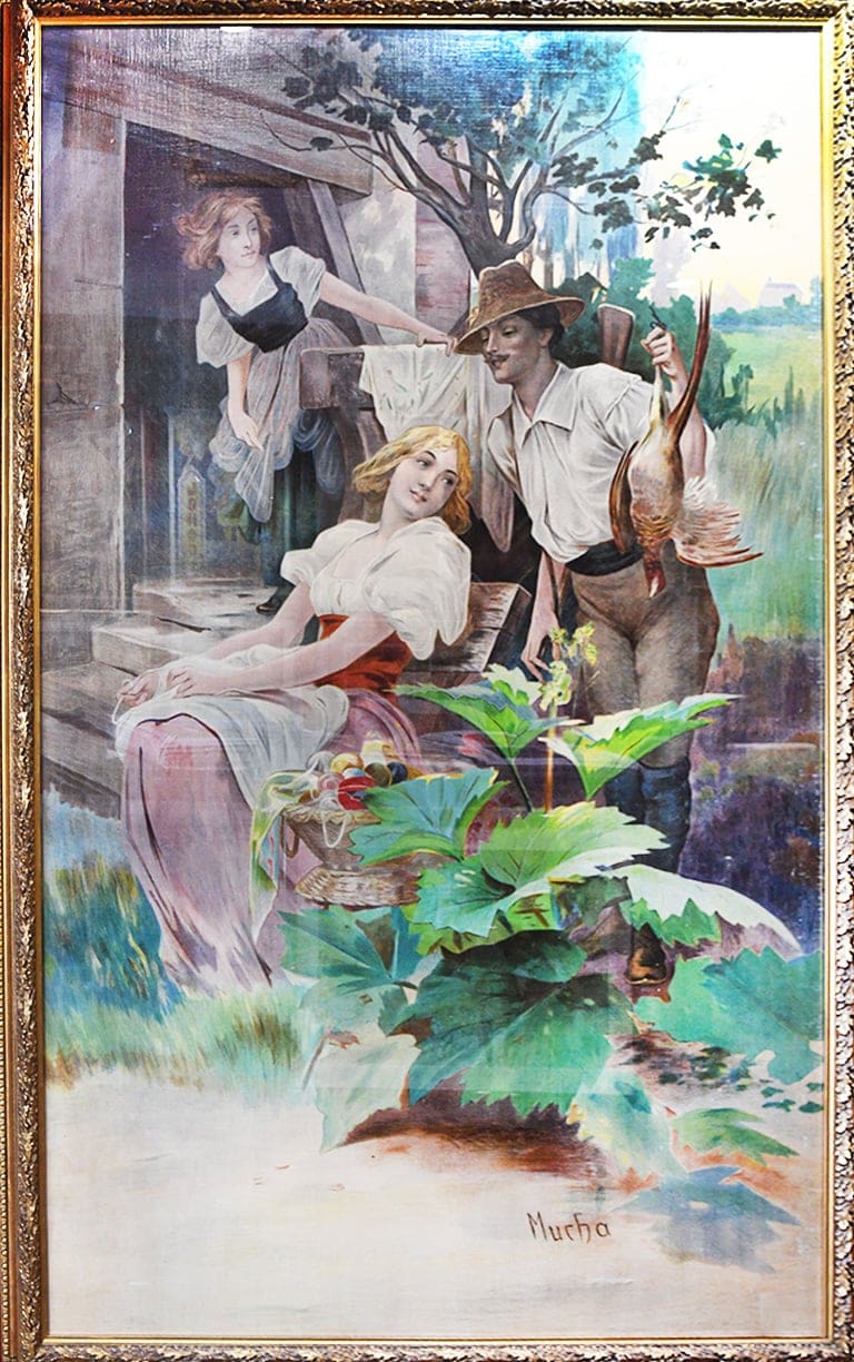 French Art Nouveau Lithograph on Burlap “Home Decor | Chasse” by Mucha, 1894
