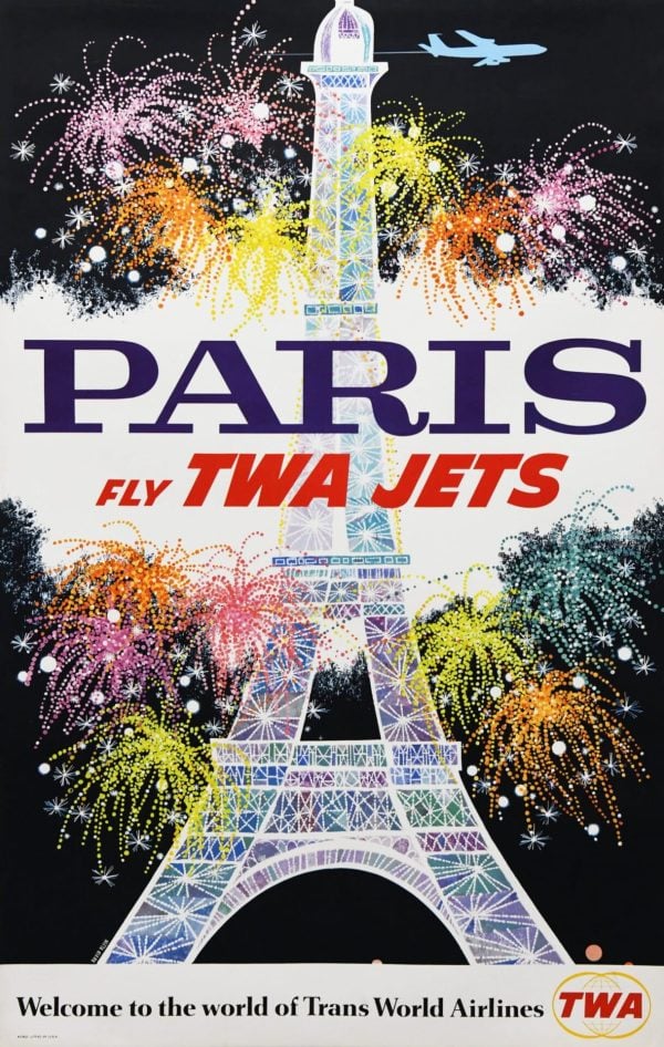 American Vintage Advertising Poster ‘Paris | Fly TWA Jets’ by David Klein, 1960’s