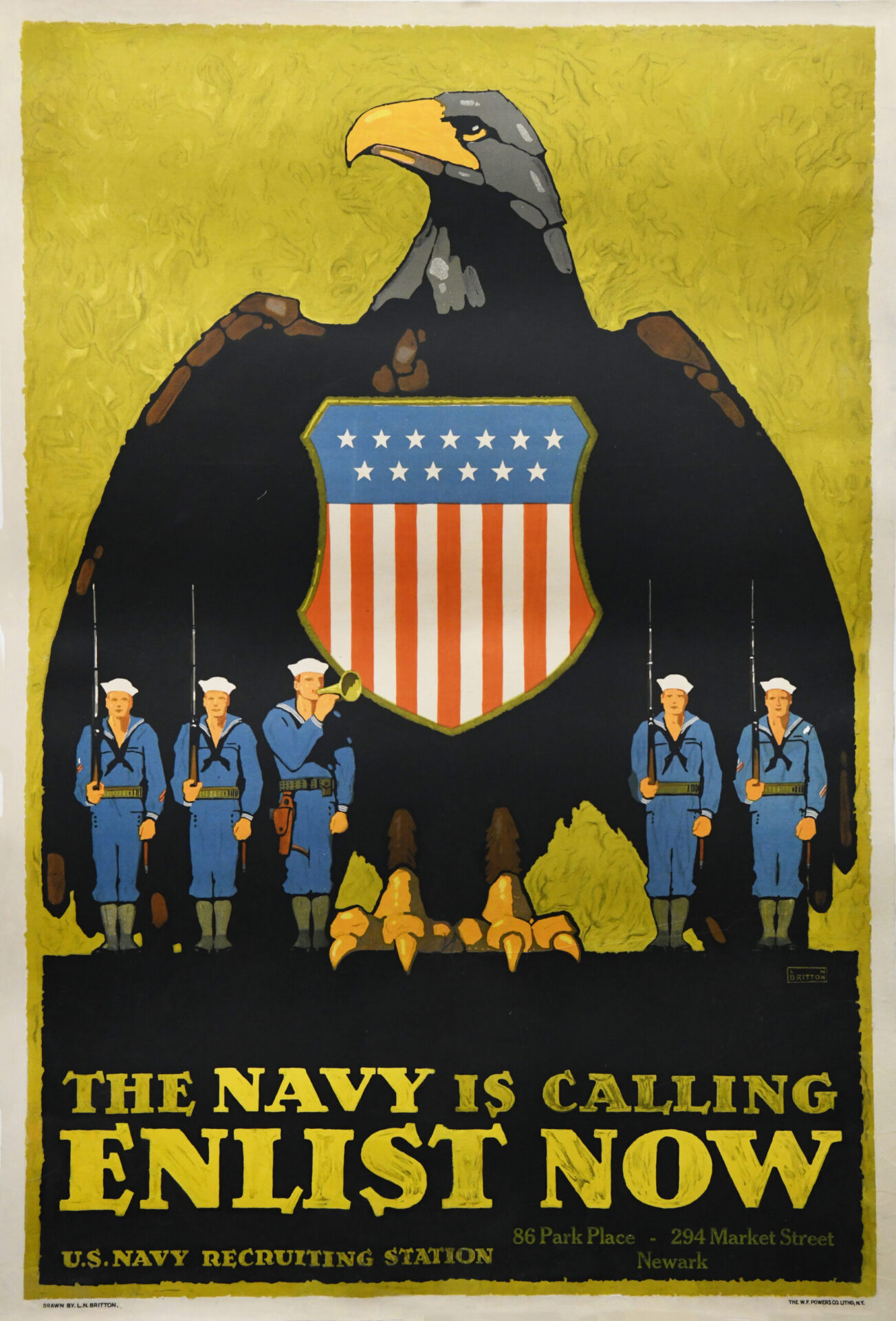 Vintage American Navy WWI Poster 'The Navy is Calling | Enlist Now' by L.N Britain, 1917