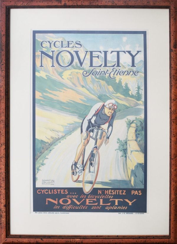 Vintage French Cycling Poster ‘Cycles Novelty – Saint Etiene’ Framed as is, By Martin Dupin, 1925
