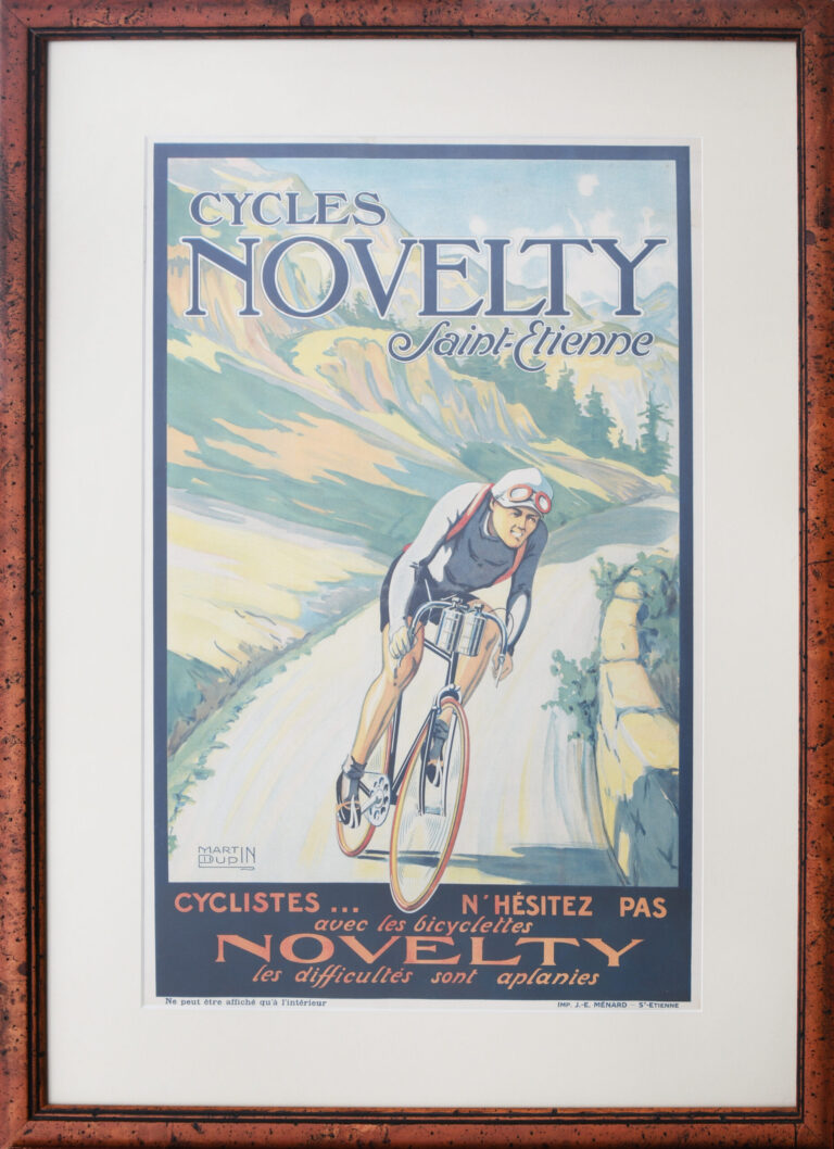 Vintage French Cycling Poster ‘Cycles Novelty – Saint Etiene’ Framed as is, By Martin Dupin, 1925