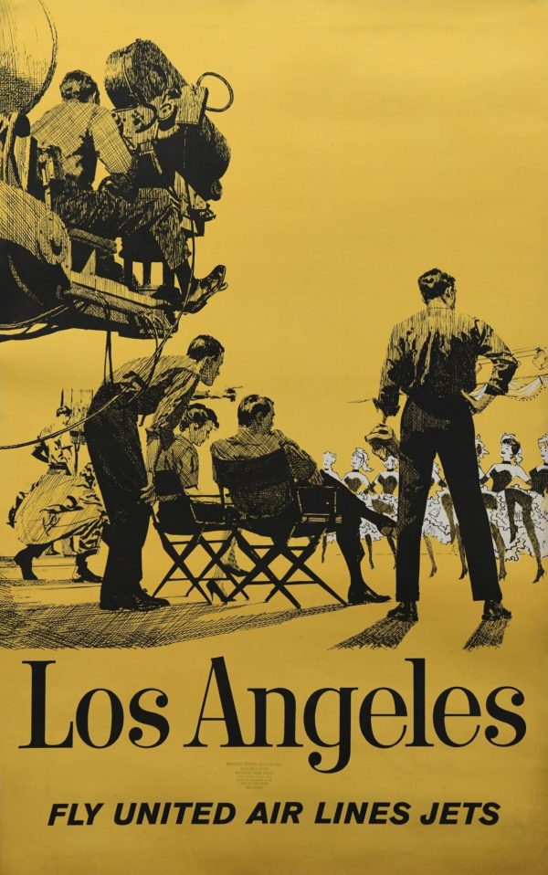 American Vintage Advertising Poster ‘United Air Lines Jets, Los Angeles (Movies Set)’ 1960’s