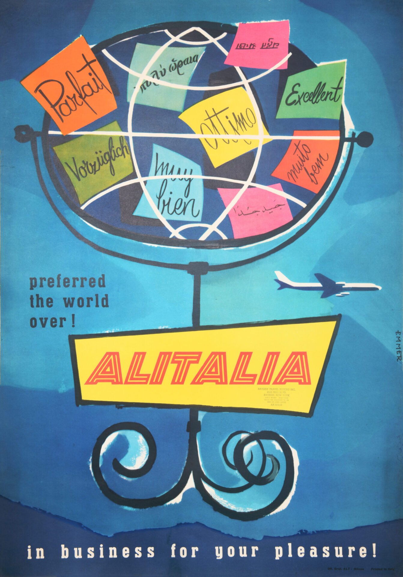 Vintage Italian Travel Poster 'Alitalia | Preferred The World Over' by Emmer, 1960's