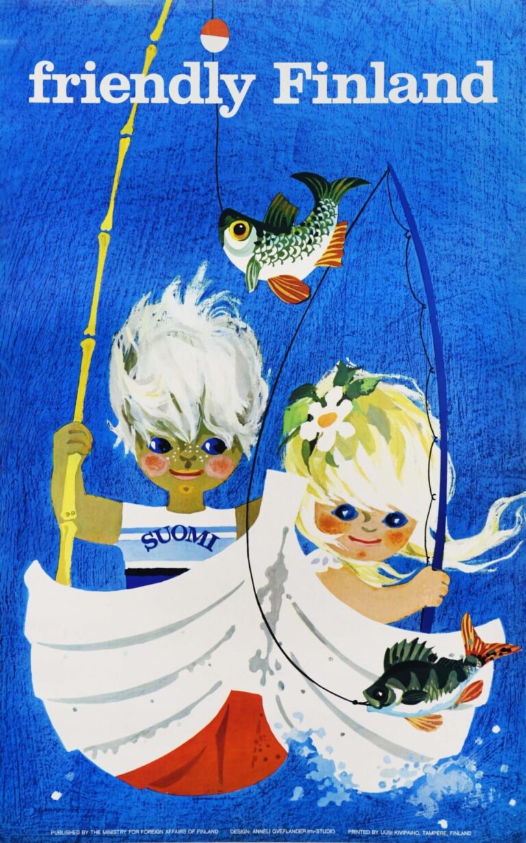 Vintage Finland Travel Poster ‘Friendly Finland’ by Anneli Qveflander, 1960’s