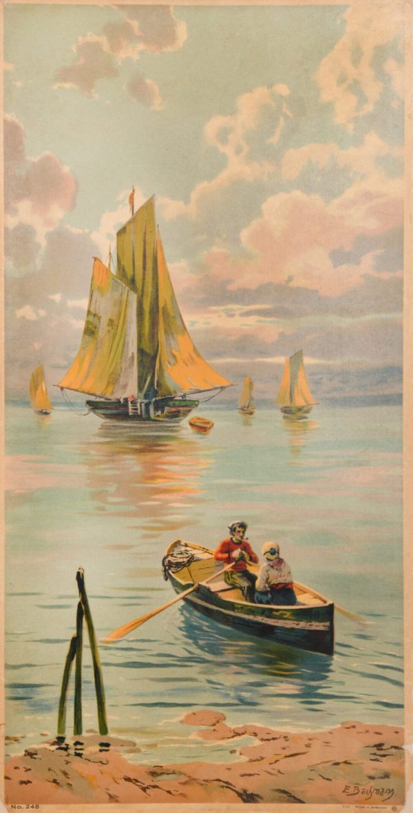 Vintage Swiss Decorative Panel ‘ Sunset Sail ‘ by E. Bachman, 1910’s