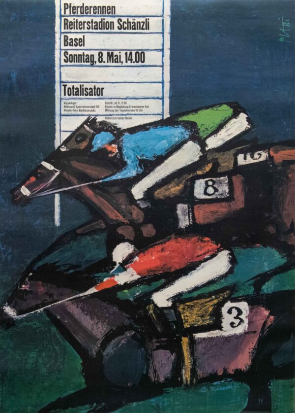 Vintage Swiss Horse Racing Advertising Poster, ‘Pferderennen Reiterstadion Schanzli’, by Celestino Piatti, 1960