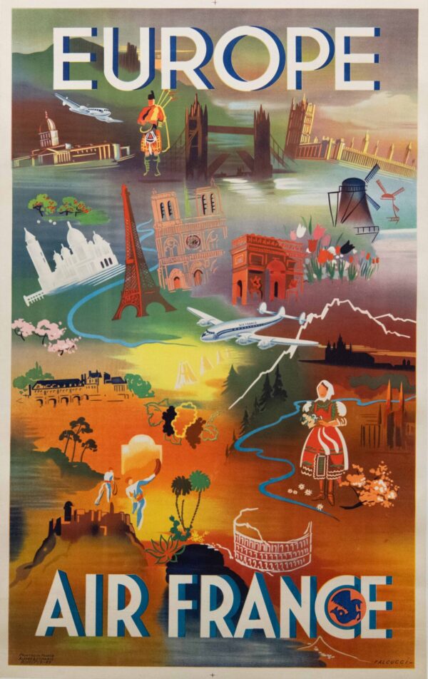Vintage Air France Europe Travel Poster by Falcucci, 1949