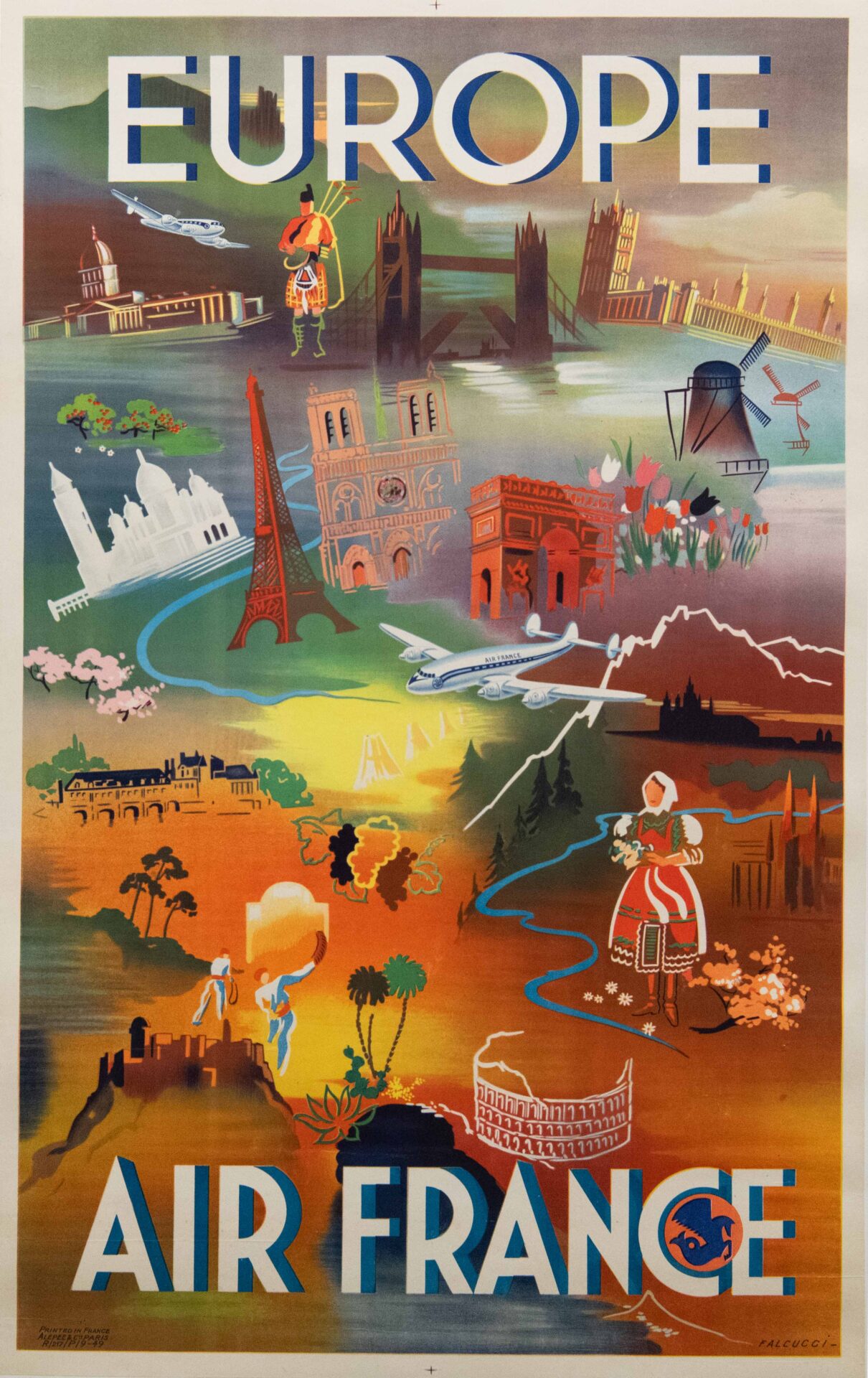 Vintage Air France Europe Travel Poster by Falcucci, 1949