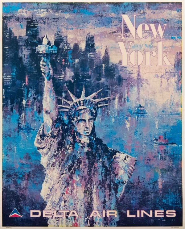 Vintage Delta Airlines New York Travel Poster by Jack Laycox, 1970’s