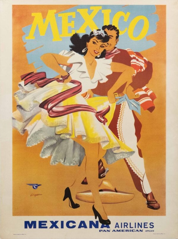 Vintage Mexicana Airlines Travel Poster for Mexico by Wright, 1950’s