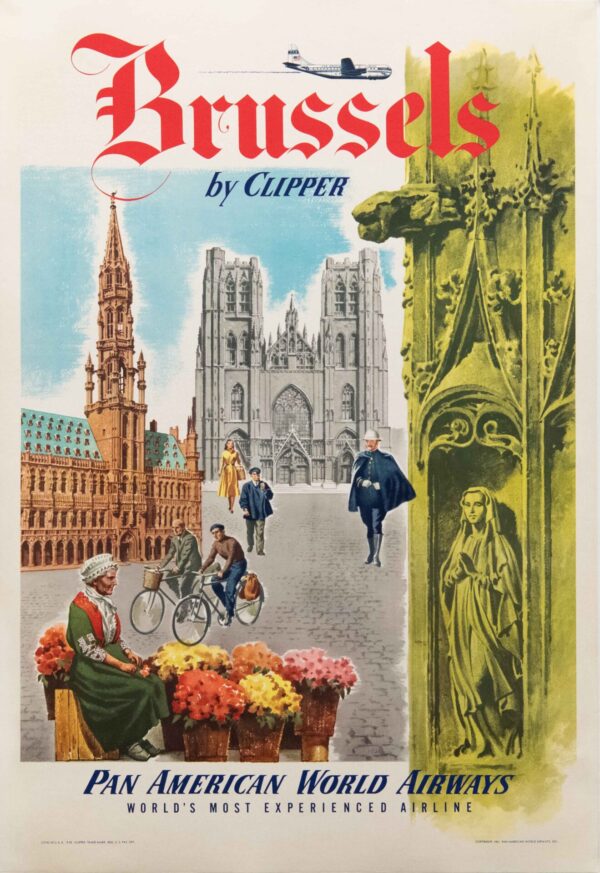 Vintage Pan American Travel Poster ‘Brussles by Clipper’, 1951