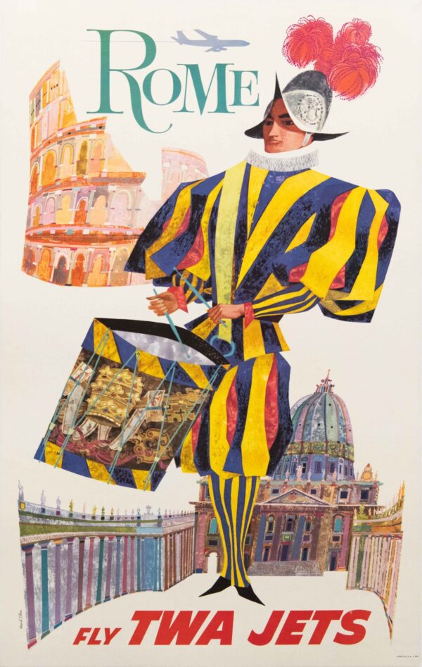 Vintage Trans World Airlines Poster ‘Rome Fly TWA Jets’ by David Klein, 1960’s