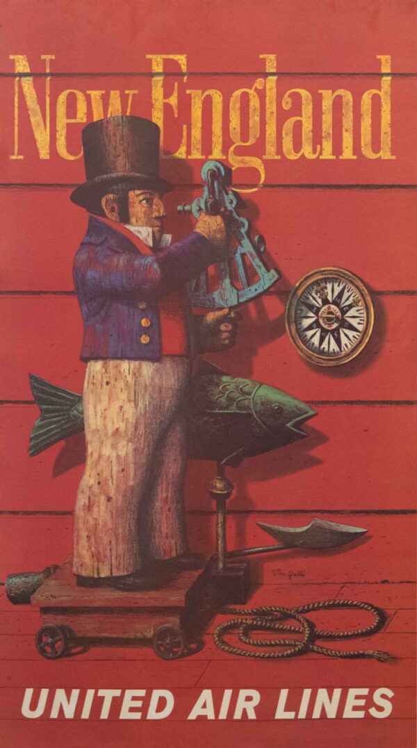 Vintage United Air Lines New England Travel Poster by Stan Galli, 1960’s
