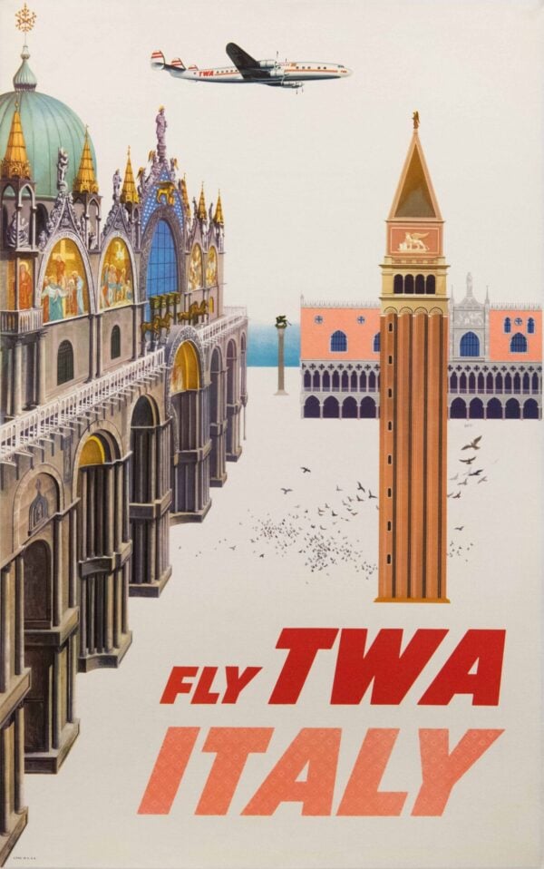 Vintage TWA Italy Travel Poster by David Klein, 1950’s