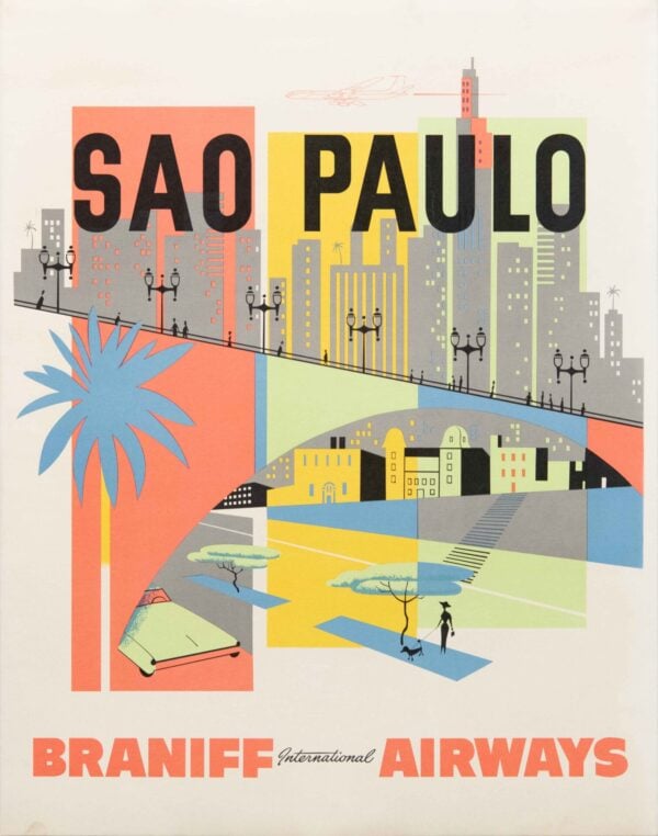 Vintage Braniff International Airways Travel Poster for Sao Paulo, 1960’s