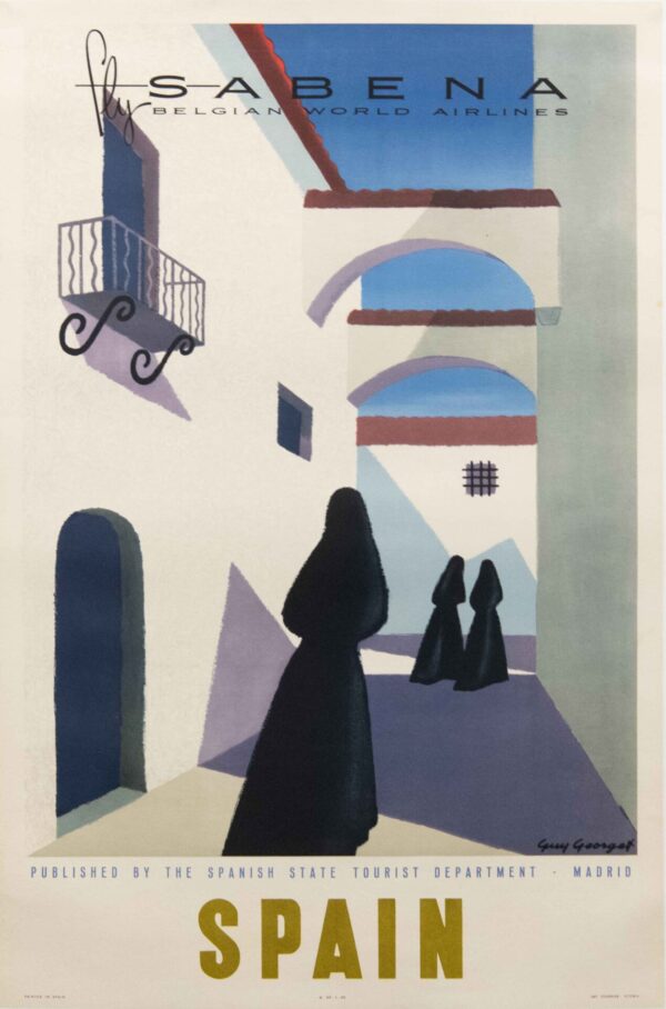 Vintage Sabena Belgian World Airlines Spain Travel Poster by Guy Georget, 1951