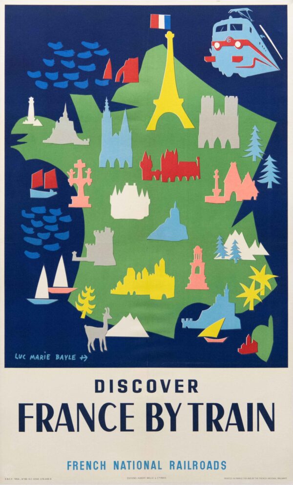 Vintage French National Railroads Travel Poster, ‘Discover France by Train’ by Luc Marie Bayle, 1954