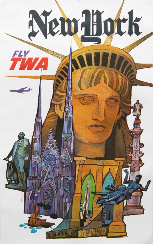 Vintage TWA New York Travel Poster by David Klein, 1960s