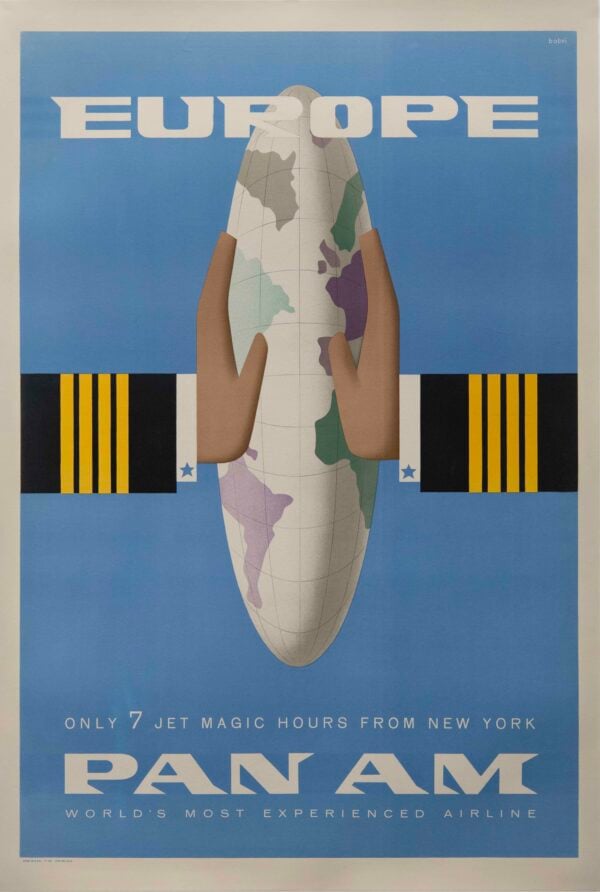 Vintage Pan American Europe Travel Poster, ‘Only 7 Jet Magic Hours from New York’ by Bobri, 1959