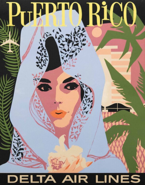Vintage Delta Air Lines Puerto Rico Travel Serigraph Poster, 1970’s