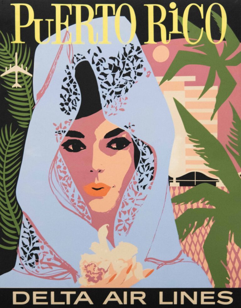 Vintage Delta Air Lines Puerto Rico Travel Serigraph Poster, 1970’s