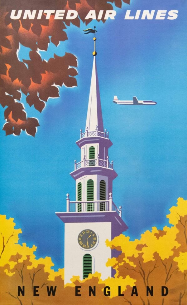 Vintage United Air Lines New England Travel Poster by Joseph Binder, 1955