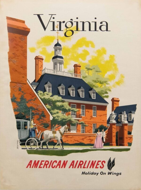 Vintage American Airlines Virginia Travel Poster by Bern Hill, 1955