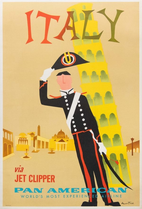 Vintage Pan Am Travel Poster for Italy Tower of Pisa by Aaron Fine, 1963