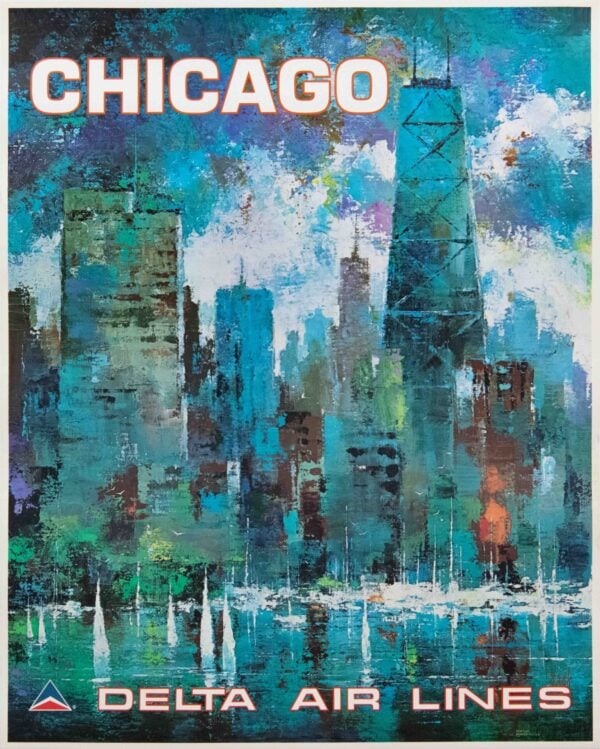 Vintage Delta Air Lines Chicago Travel Poster by Jack Laycox, 1970’s