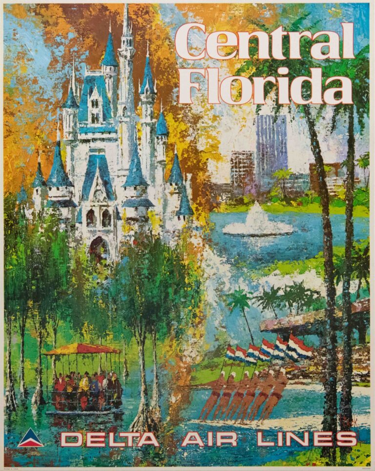 Vintage Delta Air Lines Central Florida Travel Poster by Jack Laycox, 1970’s
