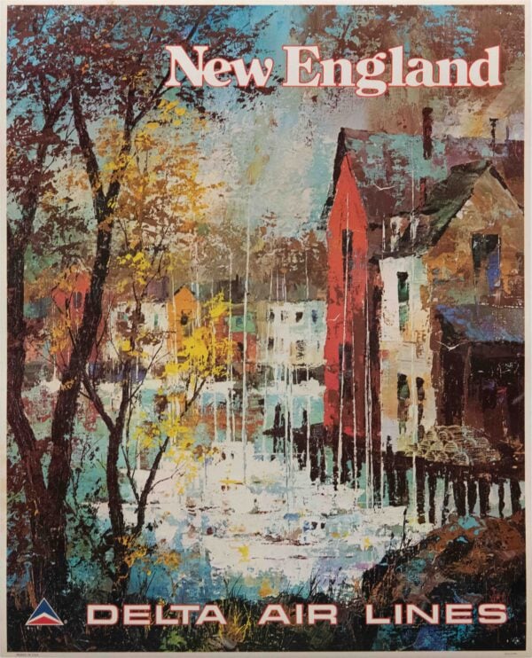 Vintage Delta Air Lines New England Travel Poster by Jack Laycox, 1970’s