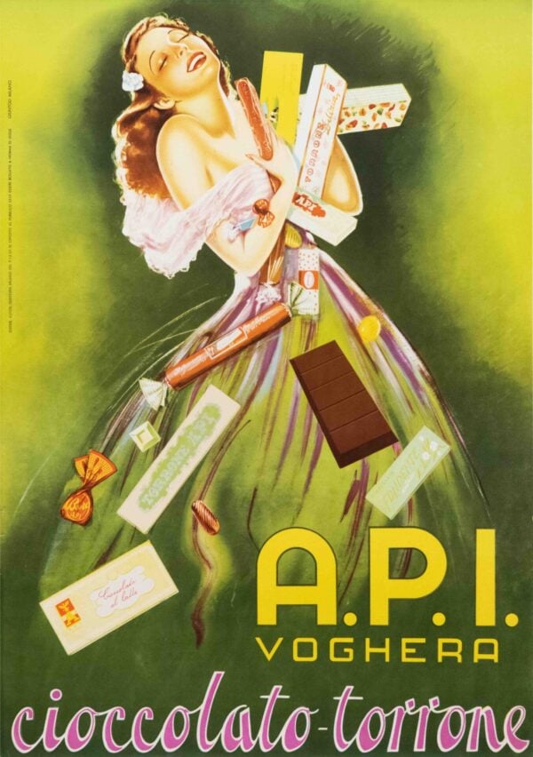 Original Vintage Italian Advertising Poster for ‘A.P.I. Voghera Cioccolato Torrone’, 1955
