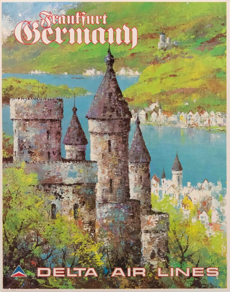 Original Vintage Delta Air Lines Frankfurt Germany Travel Poster by Jack Laycox, 1970’s