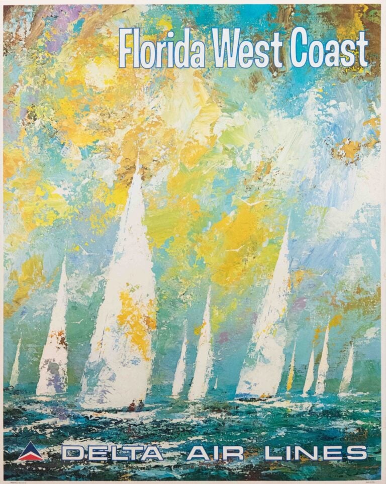 Original Vintage Delta Air Lines Florida West Coast Travel Poster by Jack Laycox, 1970’s