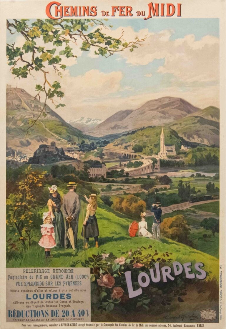 Original Vintage French Railway Travel Poster for Lourdes, ‘Chemin De Fer Du Midi’ by Clement Quinton, 1900’s
