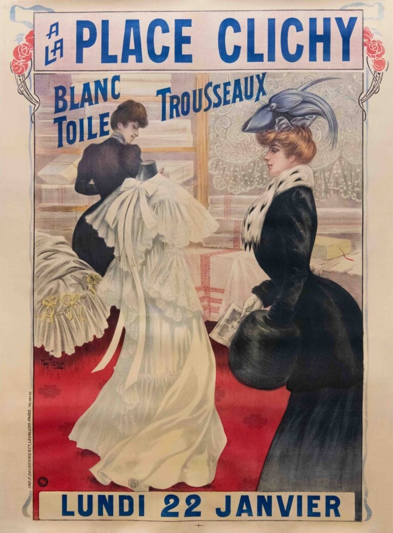 Original Vintage French Fashion Advertising Poster for A La Place Clichy by Charles Tichon, 1890’s