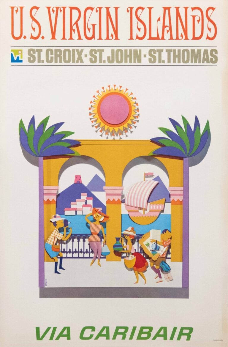 Original Vintage Caribair US Virgin Islands Travel Poster by Gaynor, 1970