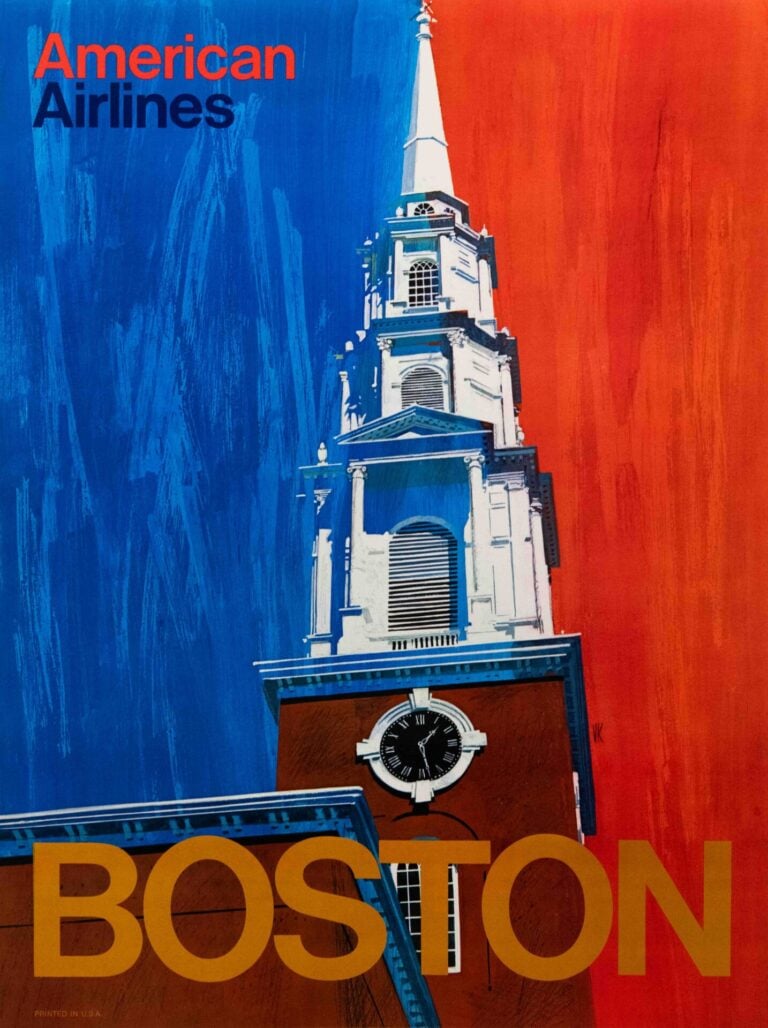 Original Vintage American Airlines Boston Travel Poster by VK, 1970’s