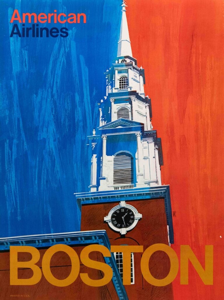 Original Vintage American Airlines Boston Travel Poster by VK, 1970’s