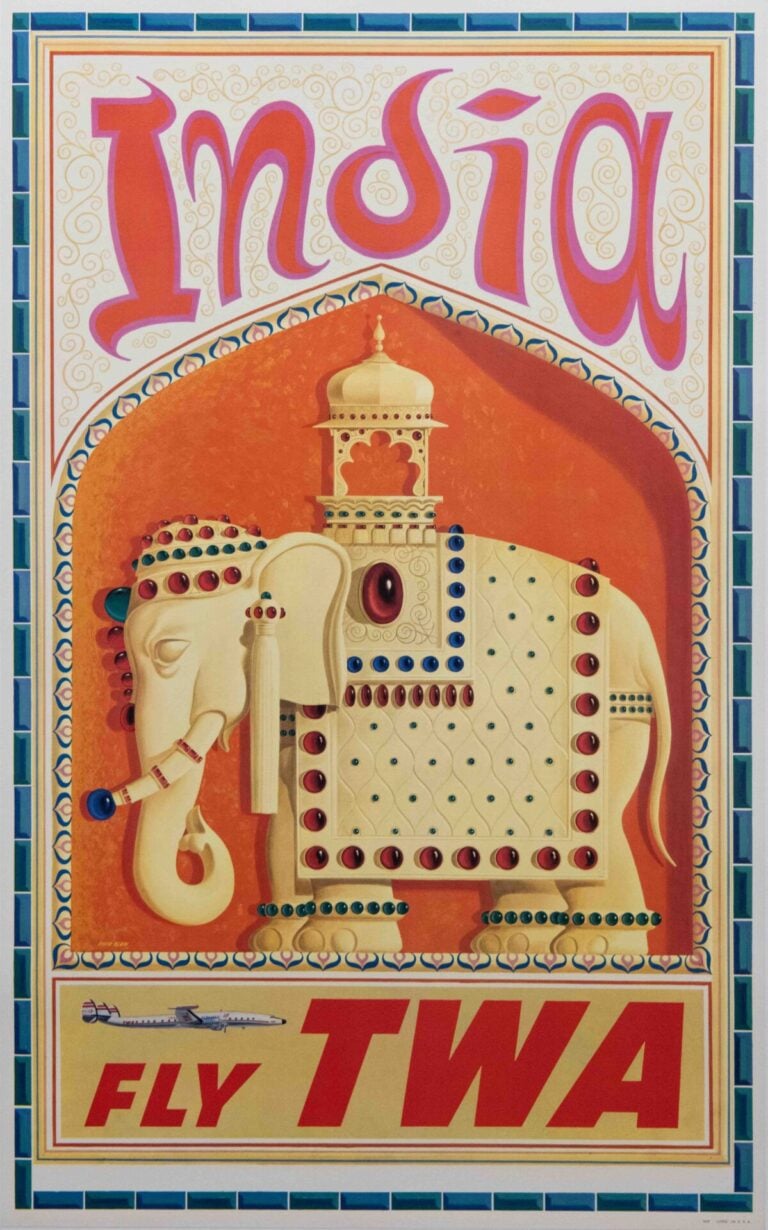 Original Vintage TWA India Travel Poster by David Klein, 1952