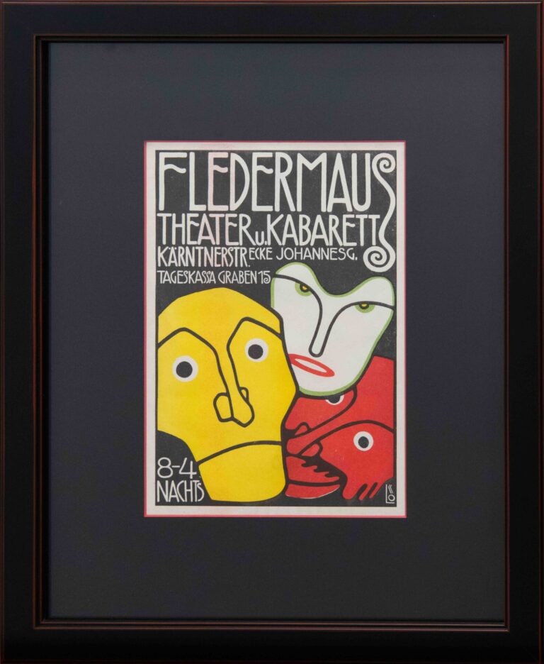 Original Vintage Austrian Cabaret Fledermaus Opening Poster by Bertold Löffler, 1907 (Framed As Is)