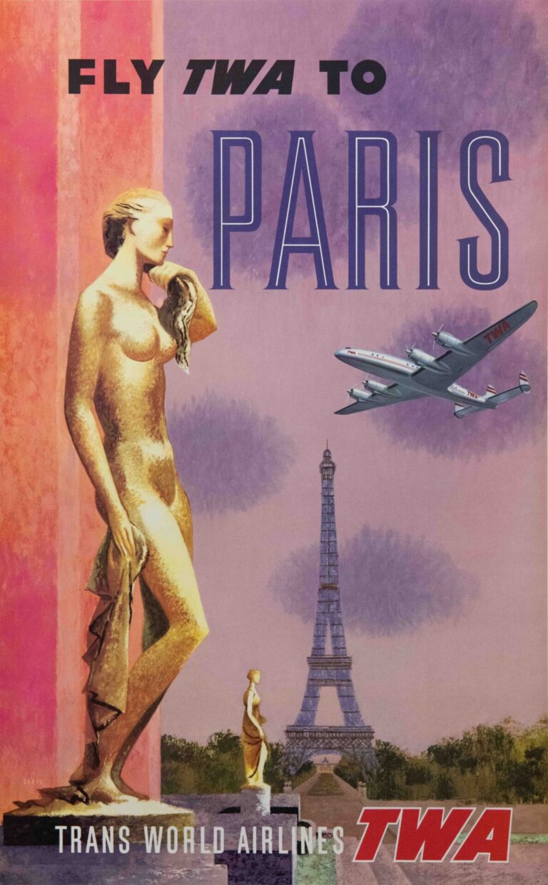 Original Vintage TWA Paris Travel Poster by David Klein, 1950