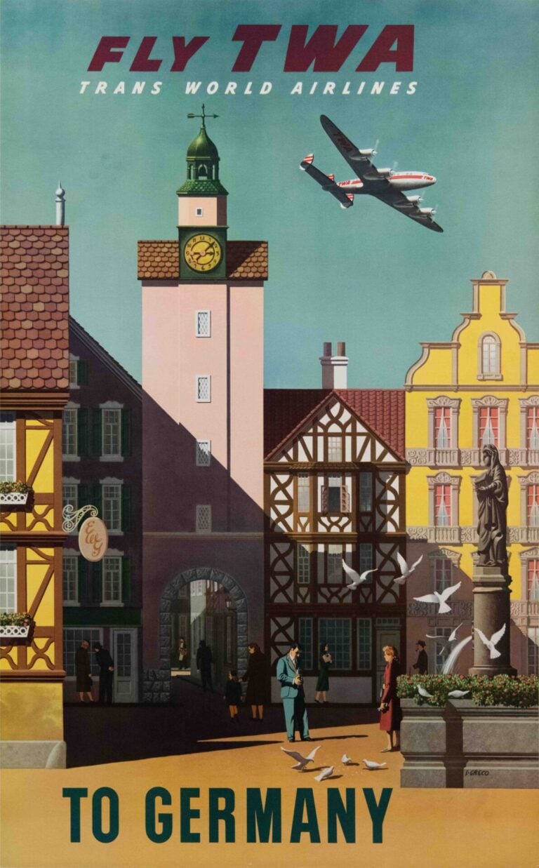 Original Vintage TWA Germany Travel Poster by David Klein, 1950’s
