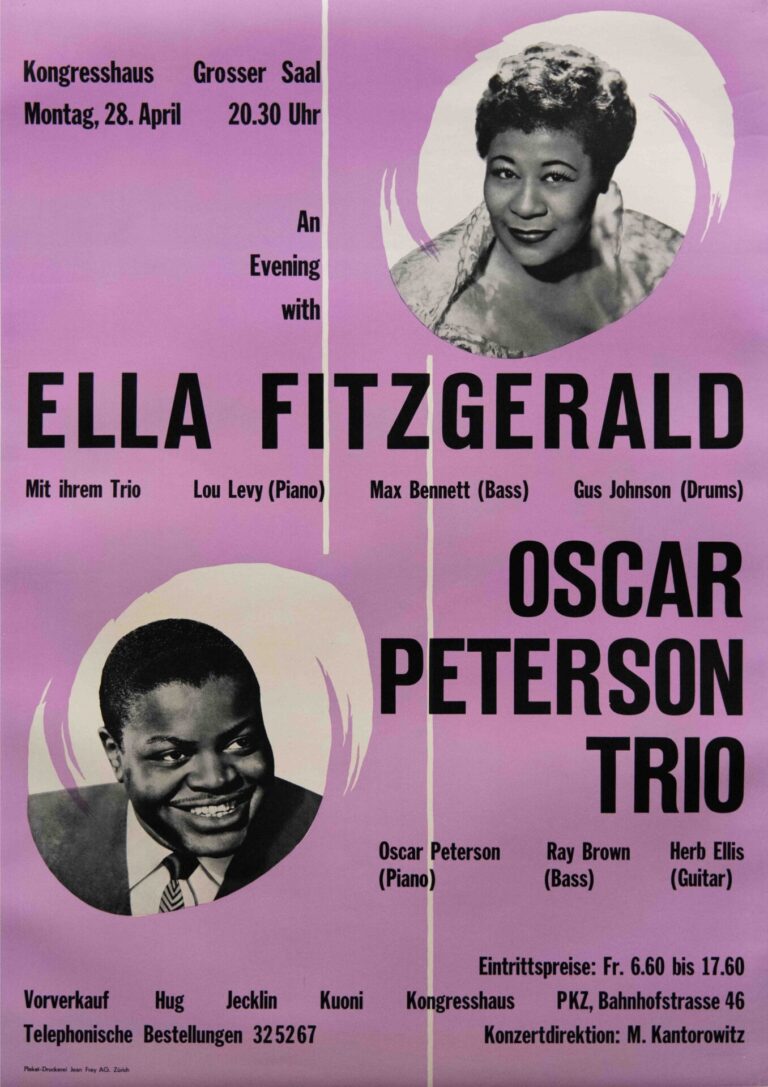 Original Vintage Swiss Ella Fitzgerald and Oscar Peterson Trio Music Poster, 1958